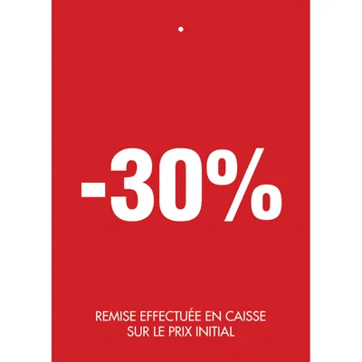 Etiquette à trou -30% rouge blanc 50x70mm - Etiquette soldes - Lot de 250 - Étiquettes Soldes