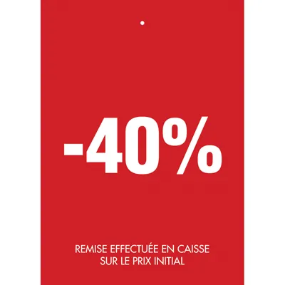 Etiquette à trou -40% rouge blanc 50x70mm - Etiquette soldes - Lot de 250 - Étiquettes Soldes