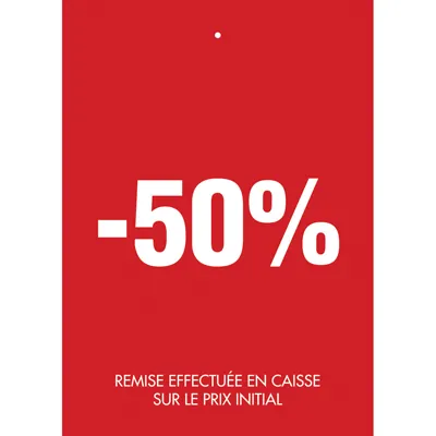 Etiquette à trou -50% rouge blanc 50x70mm - Etiquette soldes - Lot de 250 - Étiquettes Soldes
