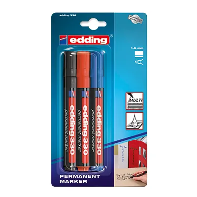 Marqueur indélébile Edding 330 pointe biseautée 1 à 5 mm - Marqueur permanent - Noir / Bleu / Rouge - Lot de 3 - Marqueurs-1