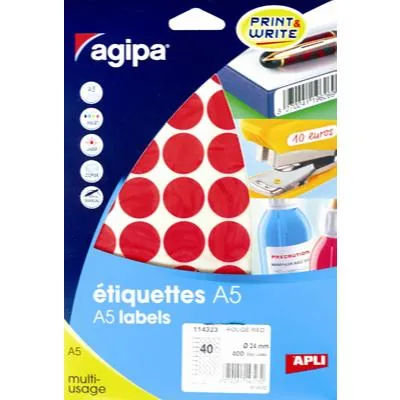 Pastille adhésive permanente Rouge ø 24 mm Agipa - Pastille de signalisation - Étui de 400 - Gommettes de couleur