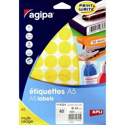 Pastille adhésive permanente Jaune ø 24 mm Agipa - Pastille de signalisation - Étui de 400 - Gommettes de couleur