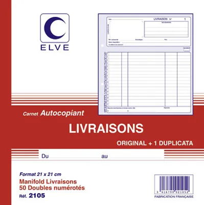 Carnet de Bon de livraison Elve Manifold 210 x 210 mm 50 pages autocopiantes 2 exemplaires - Livraisons
