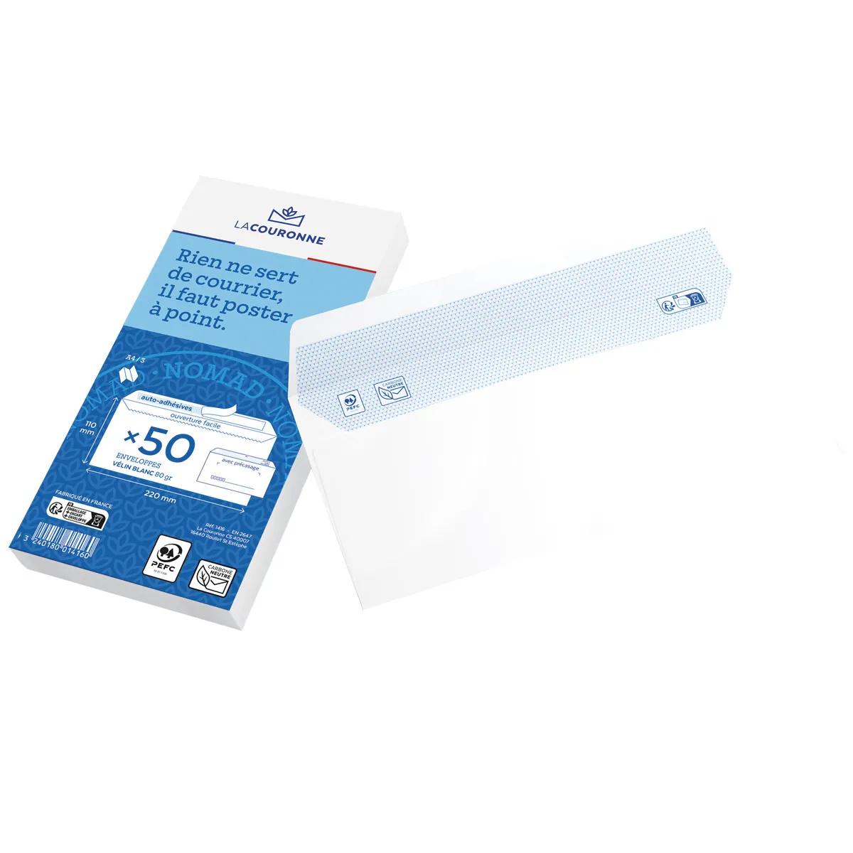 Enveloppe blanche DL 110 x 220 mm précasées 80g La Couronne - Paquet de 50 - Enveloppes blanches-1