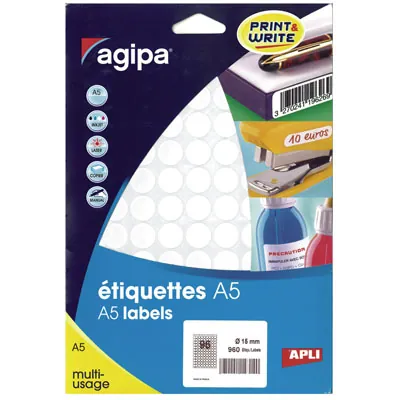 Pastille adhésive permanente Blanche ø 15 mm Agipa - Pastille de signalisation - Étui de 1536 - Gommettes de couleur