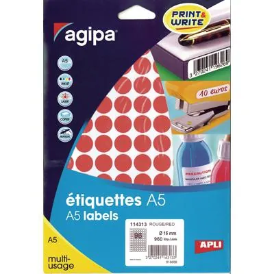 Pastille adhésive permanente Rouge ø 15 mm Agipa - Pastille de signalisation - Étui de 960 - Gommettes de couleur