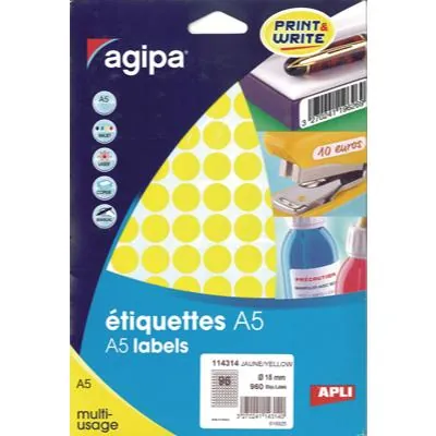 Pastille adhésive permanente Jaune ø 15 mm Agipa - Pastille de signalisation - Étui de 960 - Gommettes de couleur