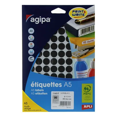 Pastille adhésive permanente Noire ø 15 mm Agipa - Pastille de signalisation - Étui de 960 - Gommettes de couleur