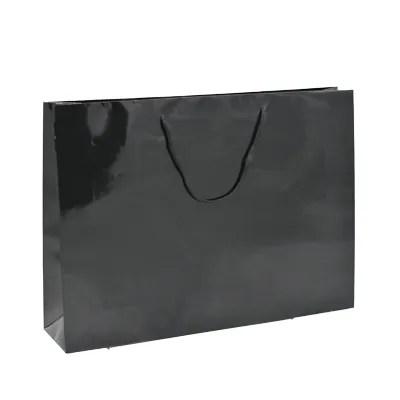 Sac pelliculé noir brillant poignées cordelette 45,7 + 10,2 x 33 cm - Paquet de 20 - Sacs pelliculés poignées cordelette