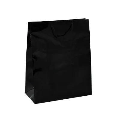 Sac pelliculé noir brillant poignées cordelette 26 + 12,7 x 32,4 cm - Paquet de 20 - Sacs pelliculés poignées cordelette
