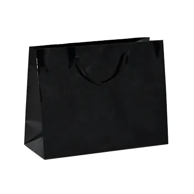 Sac pelliculé noir brillant poignées cordelette 22,9 + 9,8  x 17,8 cm - Paquet de 20 - Sacs pelliculés poignées cordelette