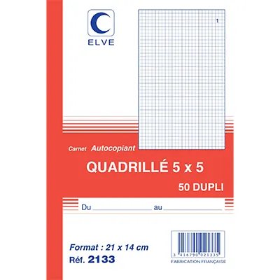 Carnet manifold autocopiant quadrillé 5x5 - 14 x 21 cm - 50 feuilles 2 exemplaires - Carnets autocopiants