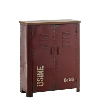 Buffet 2 portes bois / métal vieilli rouge style industriel 82 x 35,7 x 102 cm - Ligne Industrielle