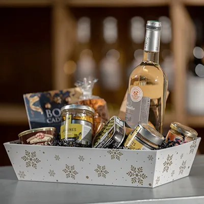 Corbeille carton rectangulaire Flocons 33 x 20 x 7,5 cm blanc / or, paquet de 10  - Corbeilles carton-1