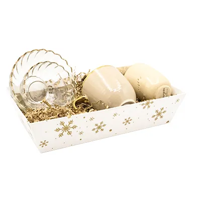 Corbeille carton rectangulaire Flocons 33 x 20 x 7,5 cm blanc / or, paquet de 10  - Corbeilles carton-3