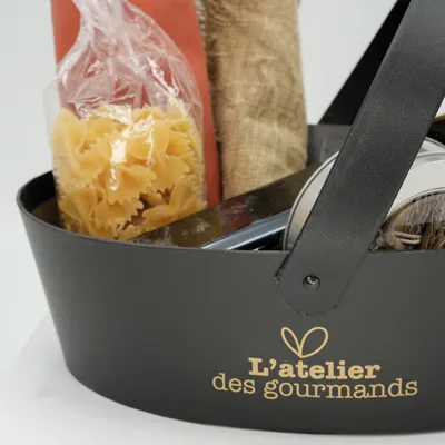 Corbeille carton ovale 1 anse Épicerie fine 26 x 19,3 x 8 cm noir / brun, paquet de 6 - Corbeilles carton-3