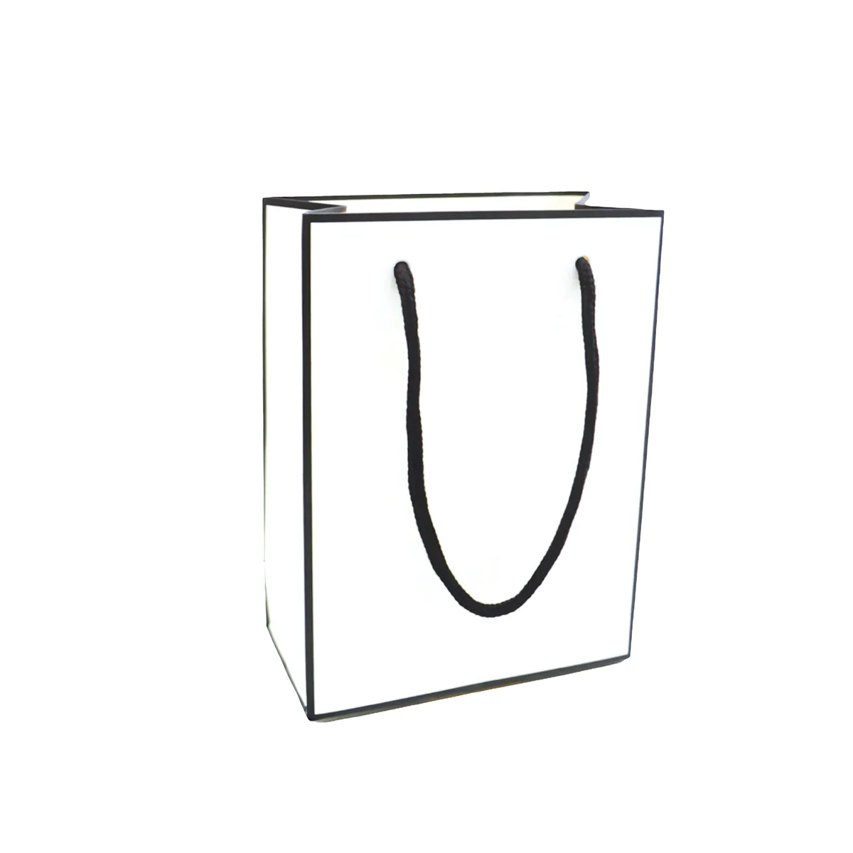 Sac papier pelliculé blanc à liseré noir L 12 x P 6 x H 16 cm – 230 g/m² – Paquet de 20 - Sacs pelliculés poignées cordelette