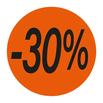 Pastille adhésive promo '-30%' rond ø 36 mm, Orange fluo - Sticker promo - Lot de 500 - Gommettes adhésives évènementielles