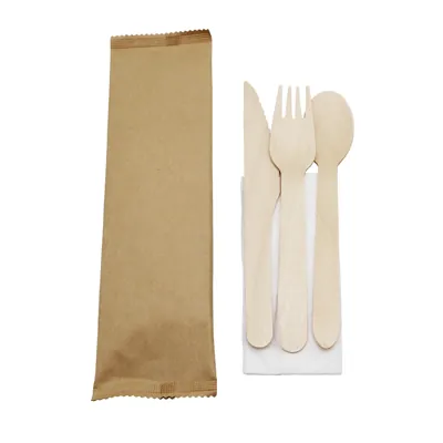 Kits 3 couverts en bois 16 cm + serviette - Couvert en bois - Paquet de 50 - Serviettes et couverts jetables