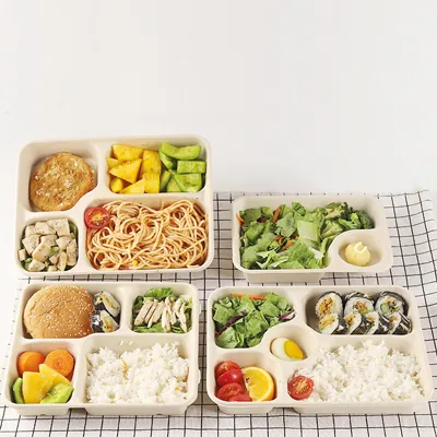 Plateau repas à emporter 4 compartiments 1400 ml fibre végétale 28 x 21 x 4 cm - Lot de 25 - Boîtes repas jetables, Plateaux compartimentés-3