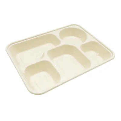 Plateau repas à emporter 5 compartiments 1400 ml fibre végétale 21 x 28 x 4 cm - Lot de 25 - Boîtes repas jetables, Plateaux compartimentés