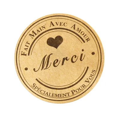 Étiquettes rondes FAIT MAIN - Merci ø 35 mm kraft - Paquet de 600 - Étiquettes cadeaux adhésives