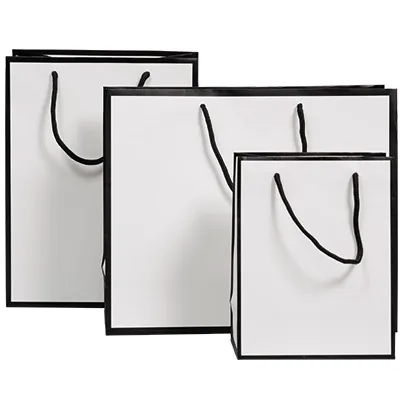 Sac papier luxe pelliculé blanc liseré noir 36 + 13 x H 30 cm - Sac cadeau - Paquet de 20 - Sacs pelliculés poignées cordelette-1