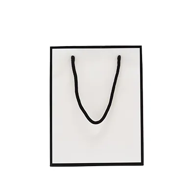 Sac papier luxe pelliculé blanc liseré noir 18 + 10 x H 22 cm - Sac cadeau - Paquet de 20 - Sacs pelliculés poignées cordelette-1