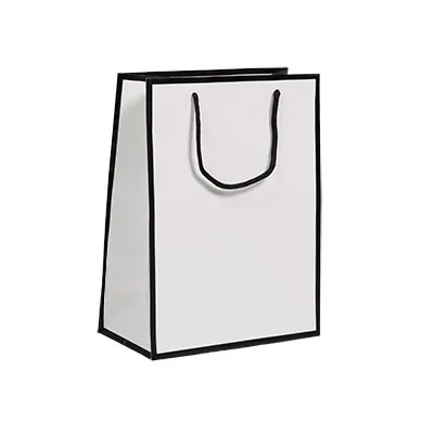 Sac papier luxe pelliculé blanc liseré noir 25 + 13 x H 33 cm - Sac cadeau - Paquet de 20 - Sacs pelliculés poignées cordelette