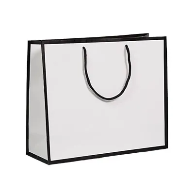 Sac papier luxe pelliculé blanc liseré noir 36 + 13 x H 30 cm - Sac cadeau - Paquet de 20 - Sacs pelliculés poignées cordelette