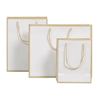 Sac papier luxe pelliculé blanc liseré or 18 + 10 x H 23 cm - Sac cadeau - Paquet de 20 - Sacs pelliculés poignées cordelette-1