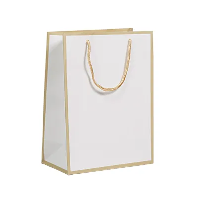Sac papier luxe pelliculé blanc liseré or 25 + 13 x H 33 cm - Sac cadeau - Paquet de 20 - Sacs pelliculés poignées cordelette