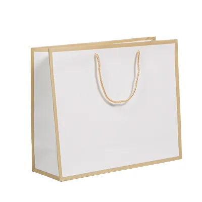 Sac papier luxe pelliculé blanc liseré or 36 + 13 x H 30 cm - Sac cadeau - Paquet de 20 - Sacs pelliculés poignées cordelette