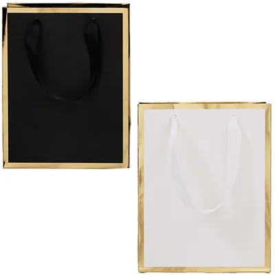 Sac cadeau premium pelliculé noir liseré or 18 + 10 x H 22 cm - Sac papier luxe - Paquet de 20 - Sacs pelliculés unis, poignées ruban-1