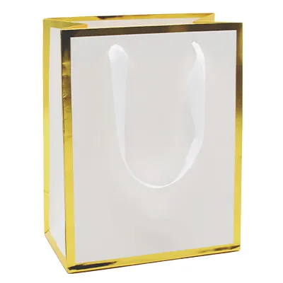 Sac cadeau premium pelliculé blanc liseré or 18 + 10 x H 22 cm - Sac papier luxe - Paquet de 20 - Sacs pelliculés unis, poignées ruban