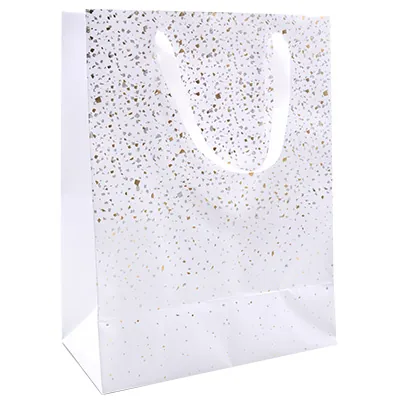 Sac cadeau pelliculé Terrazzo blanc / or / argent irisé 25 + 13 x H 33 cm - Paquet de 20 - Sacs pelliculés à motifs