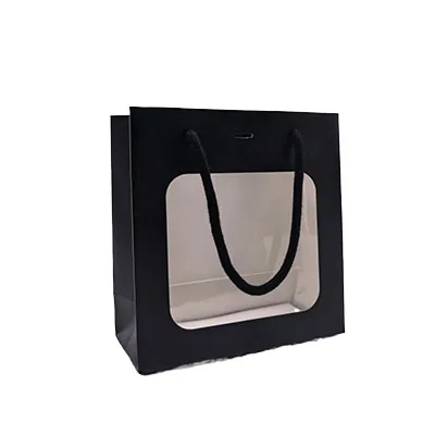 Sacs pelliculés noir mat avec fenêtre - 18 + 8 x 19 cm - Sacs pelliculés poignées cordelette