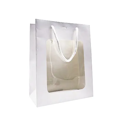 Sacs pelliculés blanc mat avec fenêtre - 22 + 11 x 28 cm - Sacs pelliculés poignées cordelette