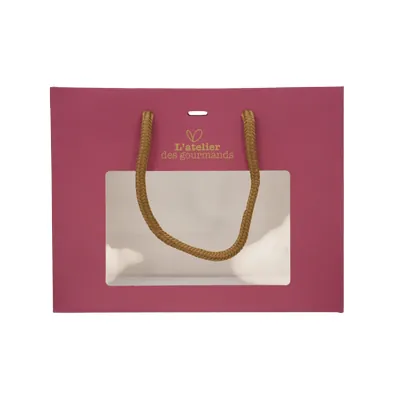 Sacs papier kraft à fenêtre poignées cordelettes - 22+9x17cm - collection Épicerie Fine  bordeaux - Sacs pelliculés à motifs