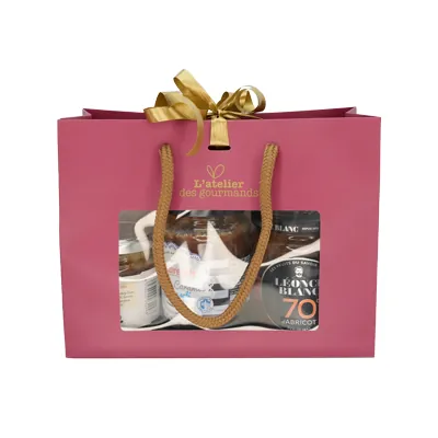 Sacs papier kraft à fenêtre poignées cordelettes - 22+9x17cm - collection Épicerie Fine  bordeaux - Sacs pelliculés à motifs-1