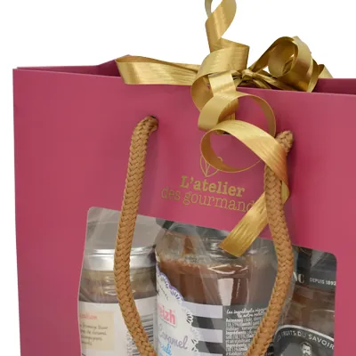 Sacs papier kraft à fenêtre poignées cordelettes - 22+9x17cm - collection Épicerie Fine  bordeaux - Sacs pelliculés à motifs-2