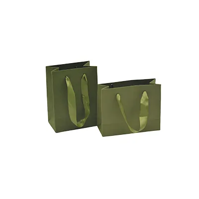 Sacs kraft luxe vert olive poignées ruban satin 11,5 + 7 x 15,5 cm - Paquet de 20 - Sacs kraft luxe-1