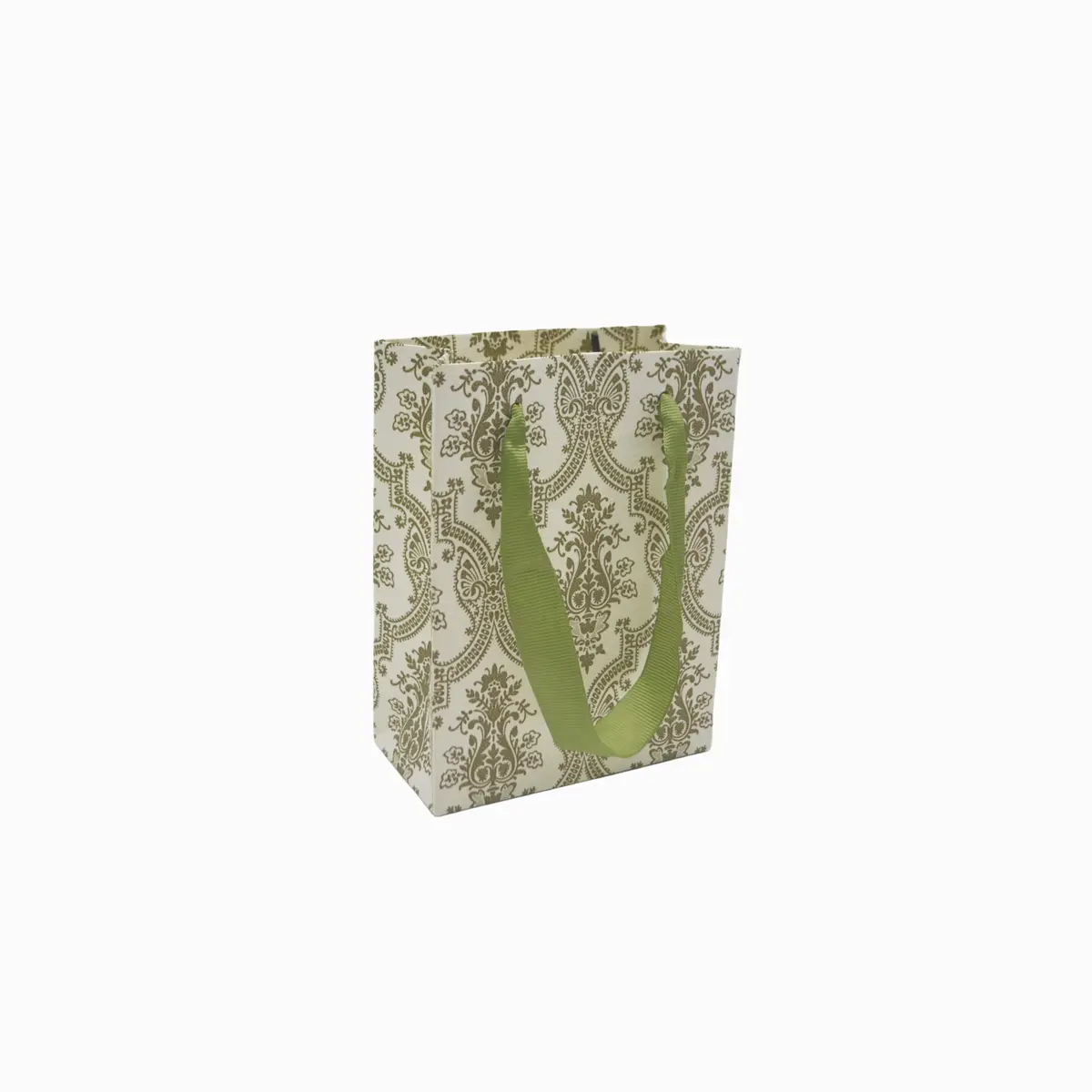 Sac luxe blanc / vert motif baroque et poignées ruban – L 12 x P 6 x H 16 cm – Paquet de 20 - Sacs kraft luxe