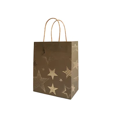 Sac cadeau kraft poignées torsadées vert olive à motif étoiles 18 + 10 x 22 cm - Paquet de 20 - Sacs kraft luxe