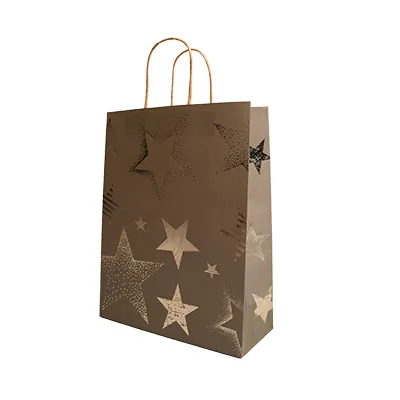 Sac cadeau kraft poignées torsadées vert olive à motif étoiles 24 + 10 x 31 cm - Paquet de 20 - Sacs kraft luxe