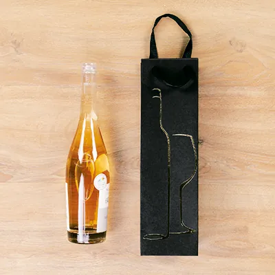 Sac 1 bouteille Noir/Or ruban satiné 10,5x10x36cm - Paquet de 20 - Sacs pour bouteilles de vin-1