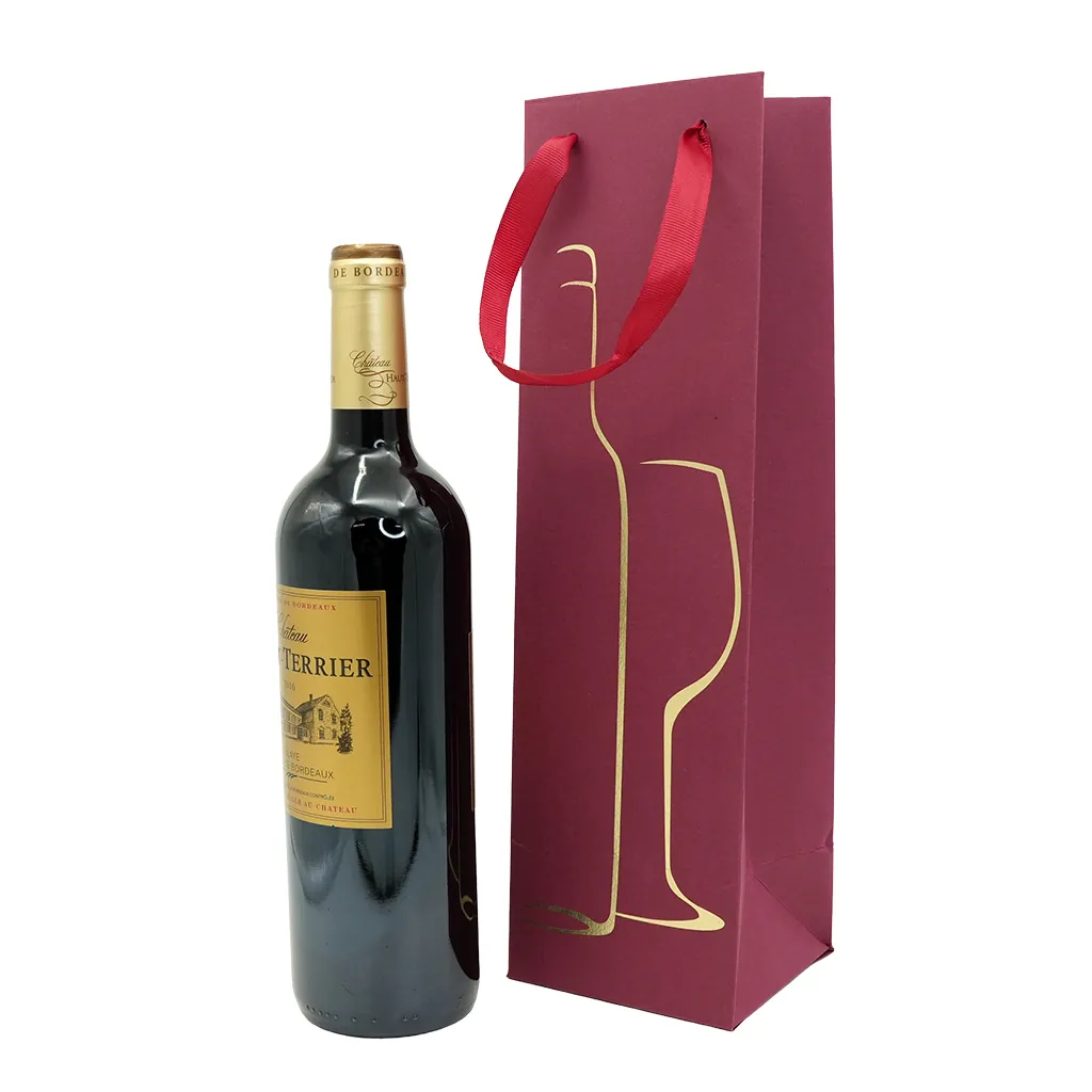 Sac 1 bouteille bordeaux/or poignées ruban bordeaux 10,5x10x36cm – Paquet de 20 - Sacs pour bouteilles de vin-1