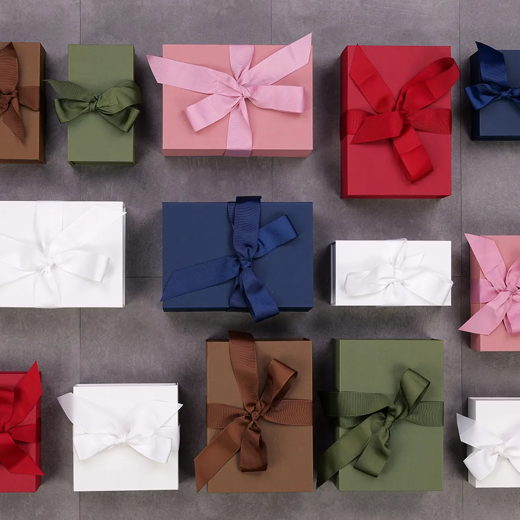 Boîte cadeau tissu avec noeud marron mat 23 x 16 x 9 cm, paquet de 5 - Boites cadeaux carton pliables-3