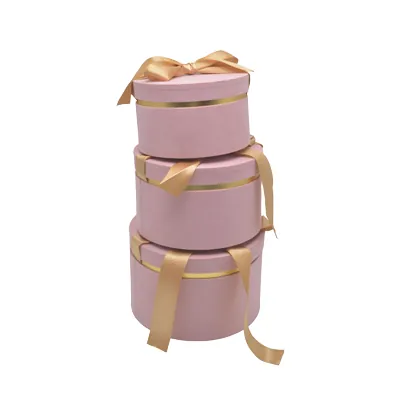 Boîte cadeau ronde rose avec noeud ruban et liseré or en carton ø24,7x16 cm - Lot de 2 - Boites cloches-2