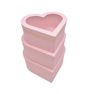 Boîtes cœur roses liseré or à fenêtre 26+24x11,5 cm – Paquet de 2 - Boites cloches-2